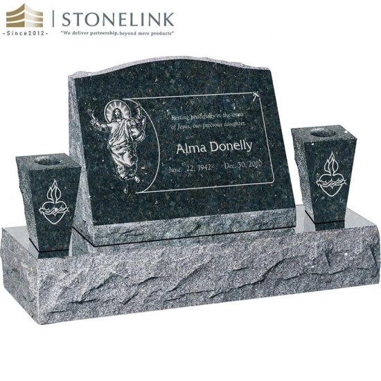 Granite slant headstone with vases