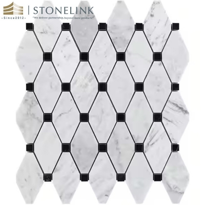 White Carrara and Black Marquina polished marble mosaic